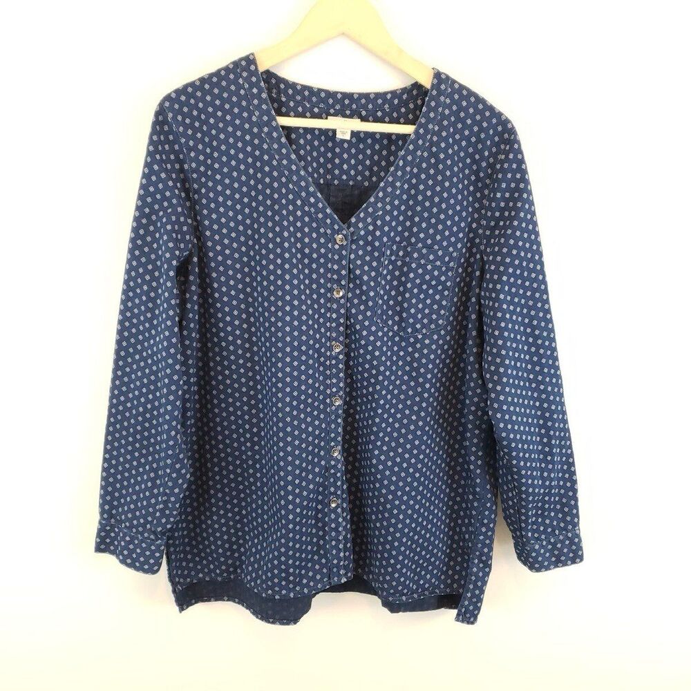 J. Jill Denim 100% Cotton Chambray Diamond Print V-Neck Button Front Shirt XS